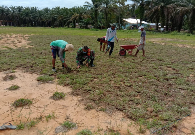 Peduli Desa Binaan, Babinsa Koramil 11/Tambusai Ajak Warga Perbaiki Lapangan Sepak Bola