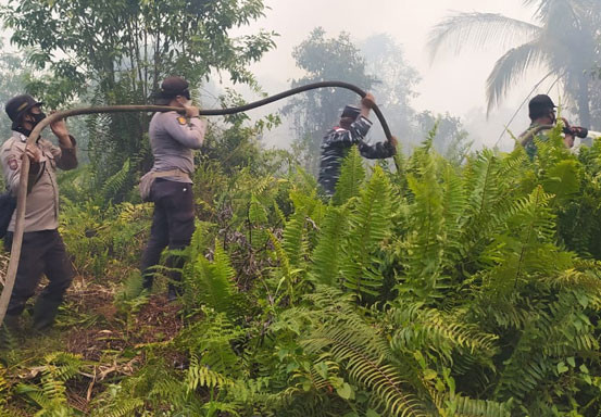 Polsek Kuala Kampar dan Tim Berjibaku Lakukan Pemadaman Titik Api di Desa Teluk Beringin