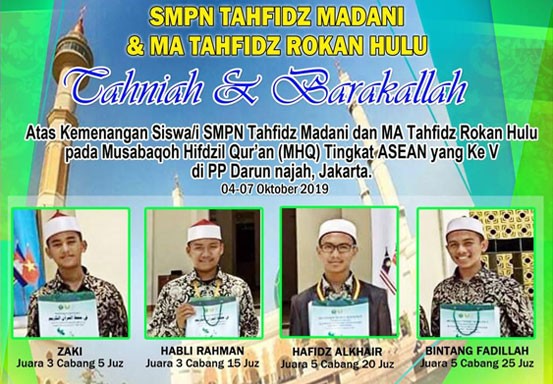 4 Qori Siswa SMP Tahfiz Madani Masjid Islamic Center Rohul Ukir Prestasi di MHQ Tingkat Asean