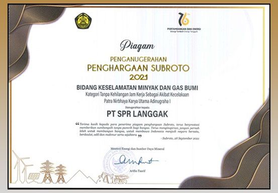 PT SPR Langgak Raih Penghargaan Subroto 2021 Bidang Keselamatan Kerja Migas Dari Kementerian ESDM