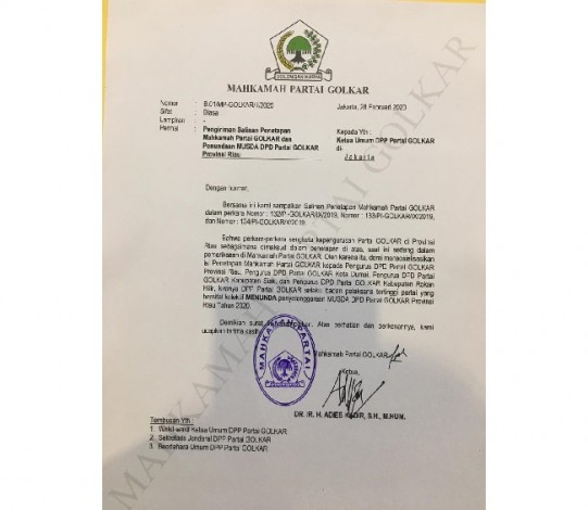Beredar Surat Mahkamah Partai Minta Tunda Musda Golkar Riau, Berikut Isinya