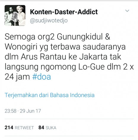 Doa Sudjiwo Tedjo untuk Pendatang Baru di Jakarta