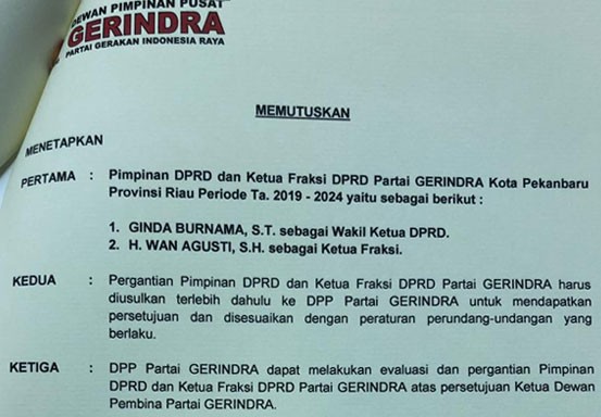 Prabowo Pilih Ginda Sebagai Calon Pimpinan DPRD Pekanbaru, Wan Agusti Ketua Fraksi