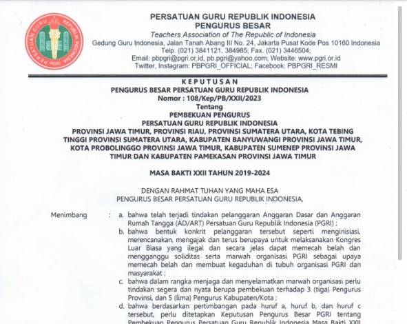 PB PGRI Bekukan Pengurus PGRI Riau, Jawa Timur dan Sumut, Ini Penyebabnya