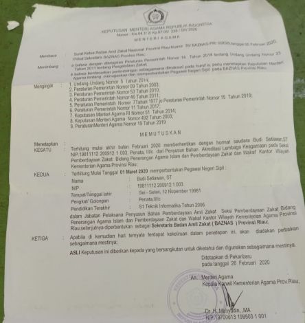 SK-nya Belum Dicabut Menteri, Yahanan Anggap Posisi Sekretaris Baznas Riau Telah Kosong