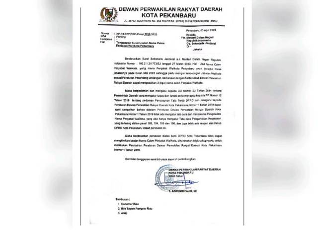 Ketua DPRD Diduga Usulkan Nama Pj Wako Pekanbaru Tanpa Musyawarah, Wakil Ketua Surati Mendagri