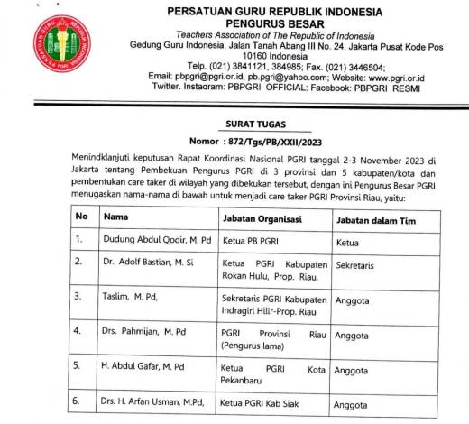 PB PGRI Tunjuk Care Taker PGRI Riau, Ini Nama-namanya