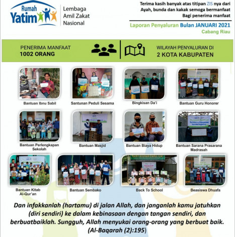 Sepanjang Januari, 1.002 Mustahik Terima Manfaat Penyaluran Program Rumah Yatim Riau