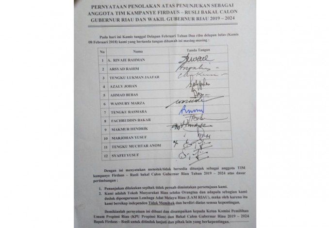 Daftarkan Tokoh Riau sebagai tim Kampanye Tanpa Izin, Tim Firdaus-Rusli Minta Maaf