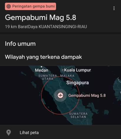 Gempa Bumi 5.8 SR Guncang Selatan Sumatera, Termasuk Kuansing