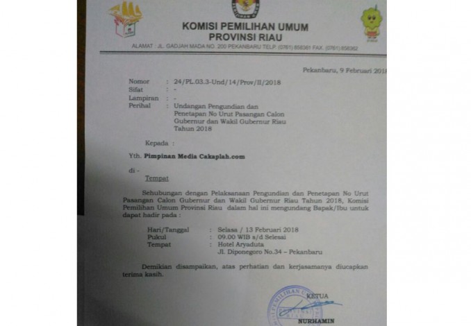 Besok, Empat Paslon Gubernur dan Wakil Gubernur Riau Tentukan Nomor Urut