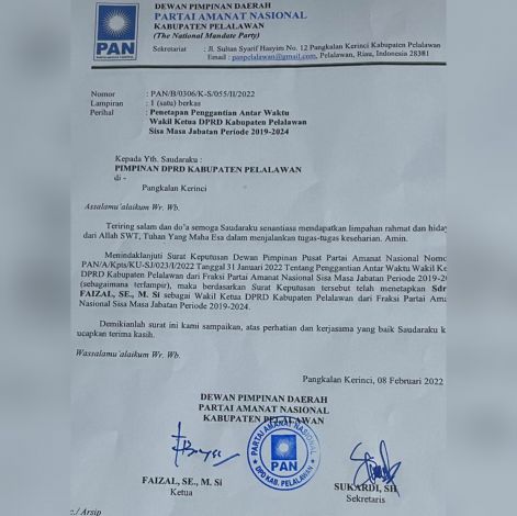 Sekwan Terima Surat PAW Waka DPRD Pelalawan dari Fraksi PAN