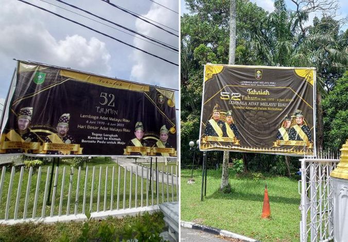 Baliho Dua Kubu Kepemimpinan LAM Riau Terpasang di Balai Adat