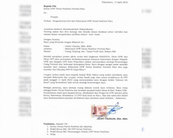 Beredar Surat Pengunduran Diri Jhony Charles sebagai Sekretaris Nasdem Riau, Ada Apa?