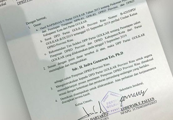 DPP Golkar Keluarkan SK Penunjukan Indra Gunawan Eet Jadi Ketua DPRD Riau