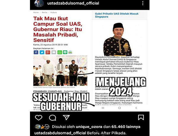 Viral! Postingan akun Resmi Instagram dan Facebook UAS Singgung Sikap Gubernur Syamsuar