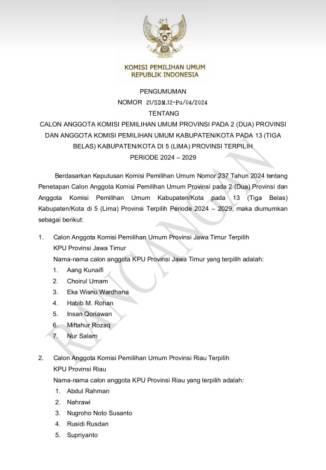 Beredar Nama-nama Komisioner KPU Riau 2024 - 2029, Dua Petahana Duduk Lagi