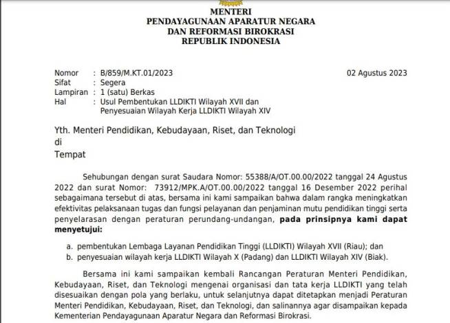 Mencakup Riau dan Kepri, Menpan-RB Setujui Pembentukan LLDIKTI Wilayah XVII