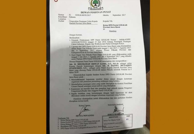 Heboh Surat Partai Golkar Dukung Ridwan Kamil di Pilgub Jabar