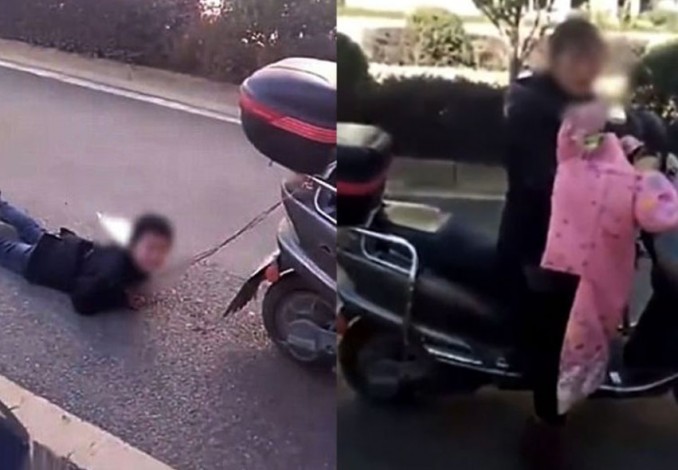 Berdalih Beri Pelajaran, Ibu di China Seret Anaknya Menggunakan Motor
