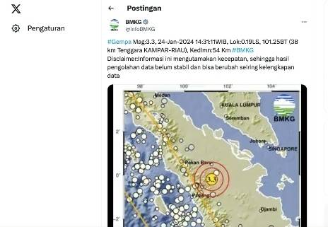 Gempa Bermagnitudo 3,3 Guncang Kampar, Warga Diimbau Tetap Waspada