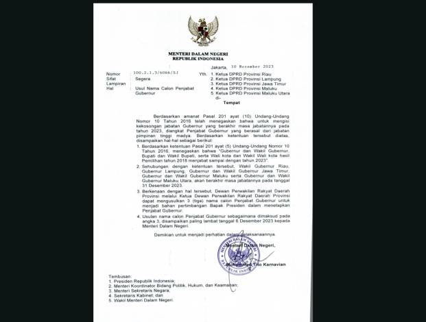 Surat Permintaan Nama Pj Gubri Sudah di DPRD, Batas Pengusulan 6 Desember