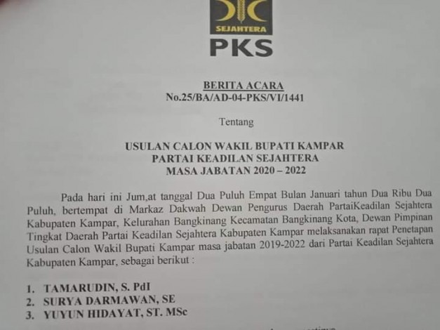 PKS Usulkan 3 Nama untuk Jabatan Wabup Kampar