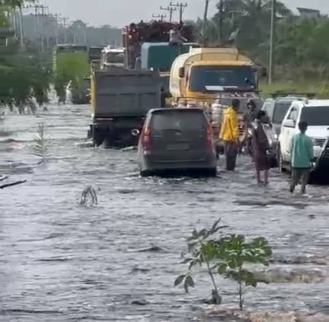 Jalan Lintas Timur Sumatera di Pelalawan Terendam Banjir, Kendaraan Terjebak Macet Panjang